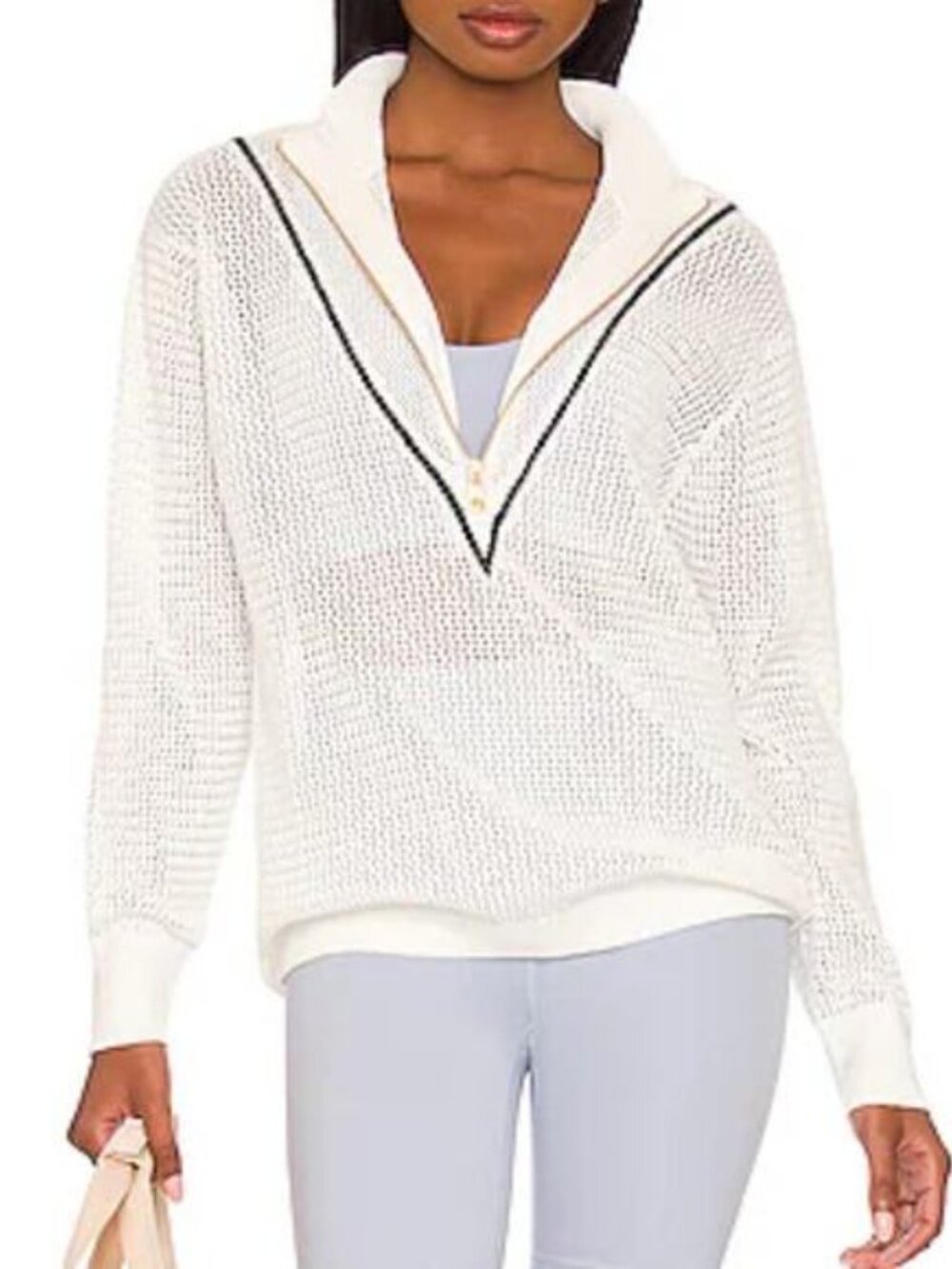 Varley "Calva" Knit Sweatshirt White Ivory Navy Half Zip Cotton Pullover - NWOT - Picture 6 of 12